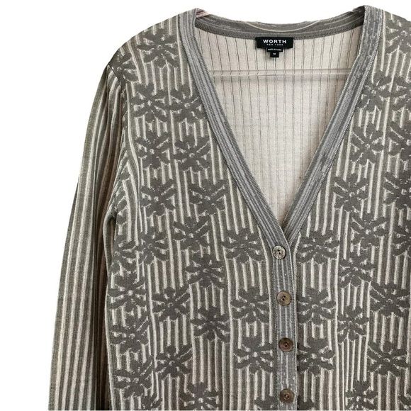 Worth New York Wool Knit Floral Striped Buttoned Cardigan Sweater Gray Ivory M - Picture 3 of 9